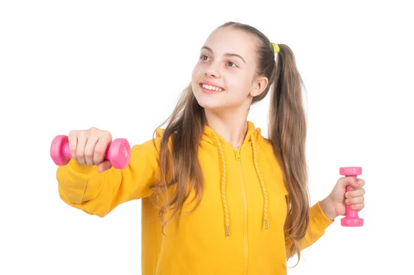 Glad stark tonåring flicka träning med skivstång isolerad på vit, barndom — Stockfoto