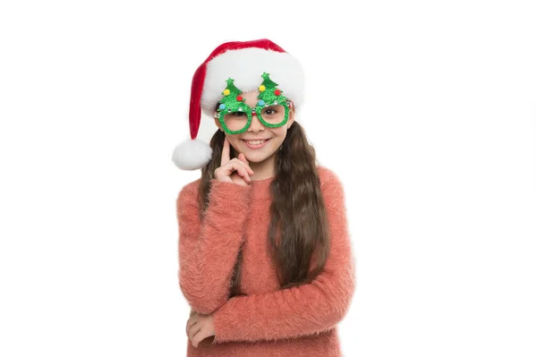 Small santa white background. merry christmas. winter brings a lot of joy. happy child in party glasses. new year eve. Happy Xmas and New Year holiday. Funny kid on Christmas eve. waiting for miracle — Stock Photo, Image