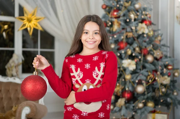 Happy girl celebrate Christmas and new year. Little child decorate christmas tree. New year decoration. Happy new year 2020. Merry Christmas — Stock Photo, Image