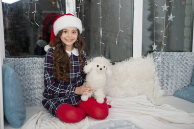 Oynayalım. Mutlu çocuk Noel için oyuncak hediye aldı. Küçük kız oyuncak köpekle oynuyor. Noel Baba hediyesi ya da hediye. Aziz Nicholas Günü. Yeni yıl arifesi. Oyuncak ve hayal gücü. Sevimli oyuncak arkadaşı.