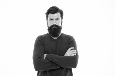 Tarzına güveniyor. Bıyıklı bir hippi. Kuaför salonu. Berber dükkanından berbere. Erkek modası ve güzellik. sakal bakımı. Vahşi adam beyaz arka planda izole edilmiş. Olgun sakallı adam