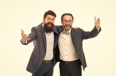 İş ekibi. İş adamları konsepti. Sakallı adamlar resmi takım elbise giyer. İyi eğitimli iş adamları. Başarılı bir ortaklık. Başarıya ulaş. Erkek girişimciler beyaz arka plan. Çok çalışmak için ilham aldım.