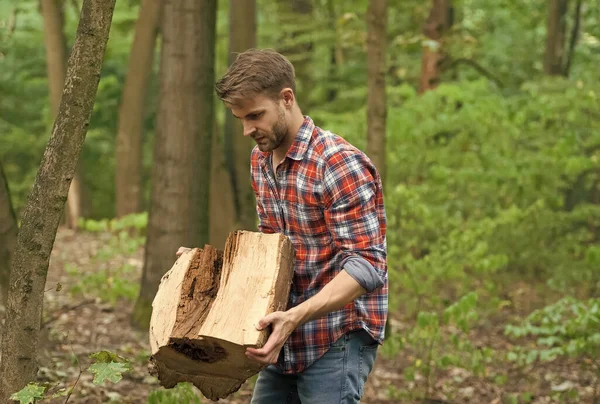 とても重いです。木の切り株を運べ。薪を割ったり割ったり。木材労働者だ。週末は森でピクニックを。男は強さと力を発揮し — ストック写真