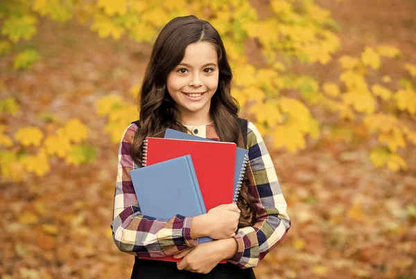 Bella ragazza sorridente tenere quaderni e libri, scuola — Foto Stock