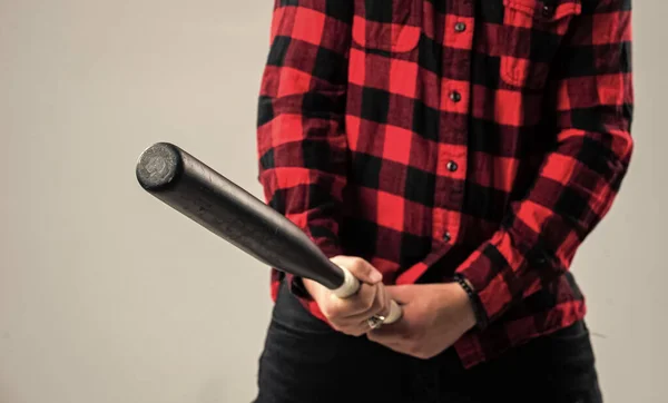 Man hold bat as penis. mens health. big size concept. man with baseball bat. i am a criminal. aggression and anger. brutal male handjob. morning erection. penis enlargement — Foto Stock