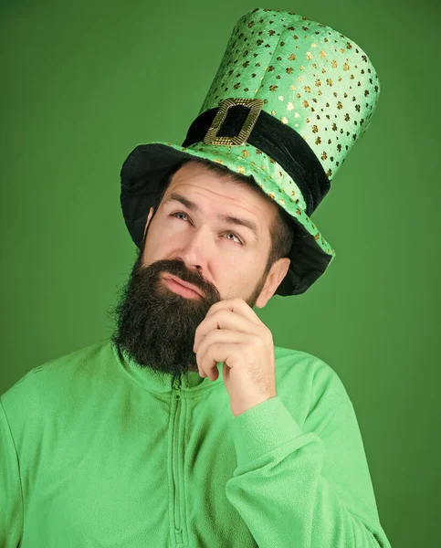 Man bearded hipster wear hat. Saint patricks day holiday. Green part of celebration. Happy patricks day. Global celebration. St patricks day holiday known for parades shamrocks and all things Irish Royalty Free Stock Photos