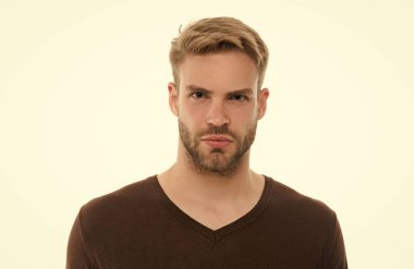 unshavem handsome confident man with stylish hairdo and casual wear isolated on white, barber