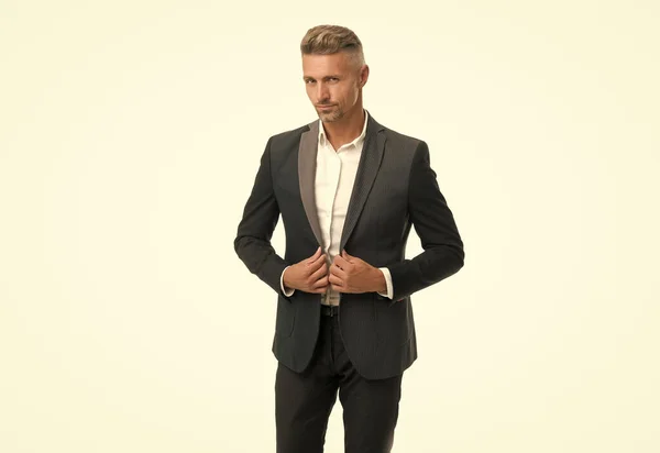 Handsome senior manager wear formal suit with classy look isolated on white, menswear — Stock Photo, Image