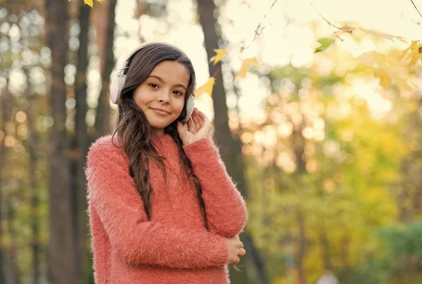 Percaya diri dalam gaya. Jatuh adalah waktu untuk belajar. kembali ke sekolah. konsep pendidikan online. anak bersweater menikmati mendengarkan ebook. Teknologi baru. Gadis dengan earphone. anak mendengarkan musik di musim gugur taman — Stok Foto