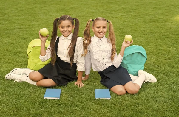 Vitamine doet wonderen. Gelukkige kinderen houden appels op groen gras. Schoolvakantie. Vitamine snack. Het kiezen van vitaminefruit. Koolhydraten eten. Vitamine en rauw voedsel. Energiedieet — Stockfoto