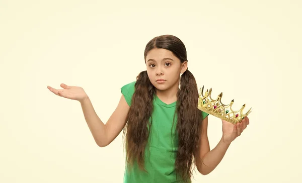 She is prom queen. little beauty in princess crown. small girl egoist isolated on white. Source of pride. childhood happiness. jewel accessory shop. we have a winner. real royal crown. my prize — Stockfoto