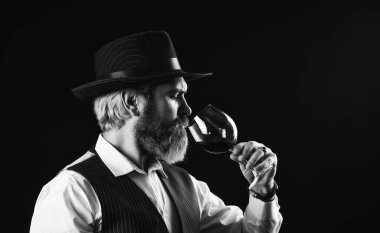 Alkol içeceği. Zarif garson kırmızı şarap içer. Şarap mahzeninde çalışıyorum. Bar ya da şaraphane. Şarap arıtma. Zarif takım elbiseli sakallı iş adamı ve bir kadeh şarap. Sommelier 'in pahalı bir içeceği var.