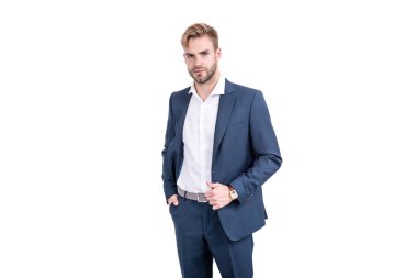 İş adamı kılığındaki başarılı iş adamı ve kol saati beyazın üstünde izole edilmiş, patron.