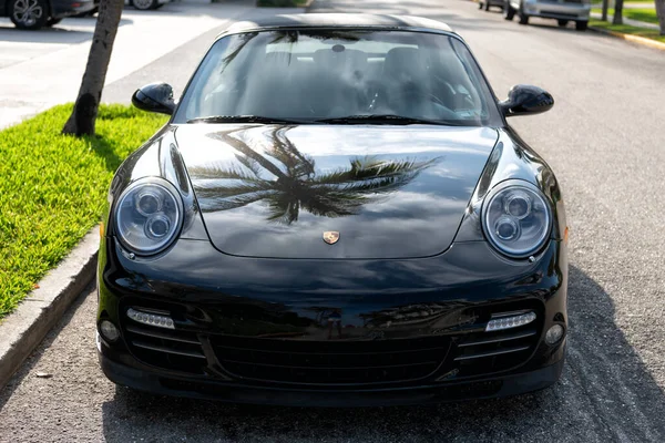 Palm Beach, Florida USA - March 21, 2021: black Porsche 911 cabriolet. front view. — Photo