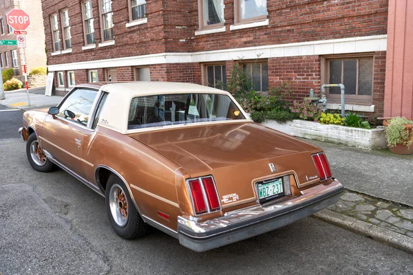 Seattle, Washington USA - April 06, 2021: cadillac brougham oldsmobile carriage retro car back view — Stock Photo, Image