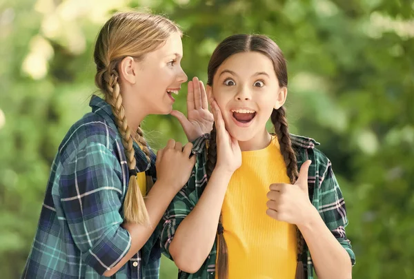 Gossip concept. funny time spending. cheerful girls best friends. Wearing denim clothes. girls teenagers spend time together having fun. Childhood lifestyle concept. togetherness. happy childrens day — Stock Photo, Image