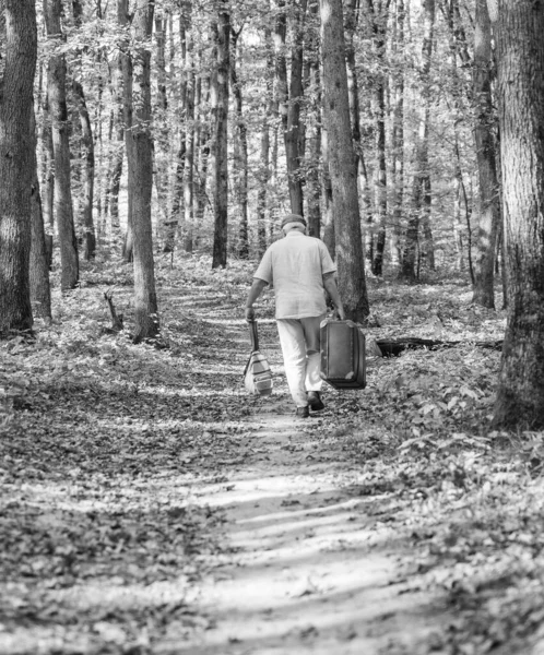 Yaşlılar. Tatil ve rahatlama. Emeklilik konsepti. Ormanda beyaz sakallı olgun bir adam. Hobi ve boş zaman. Doğada antika bir bavulu olan büyükbaba. Doğayla bütünleşti. Doğada Hafta Sonu — Stok fotoğraf