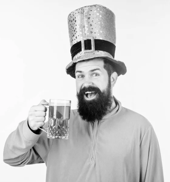 Cheers concept. Colored patricks beverage. Green color part of celebration. Irish beer pub. Celebration irish culture. Man bearded hipster hat patricks day drink pint beer. Saint patricks day holiday — Stock Photo, Image