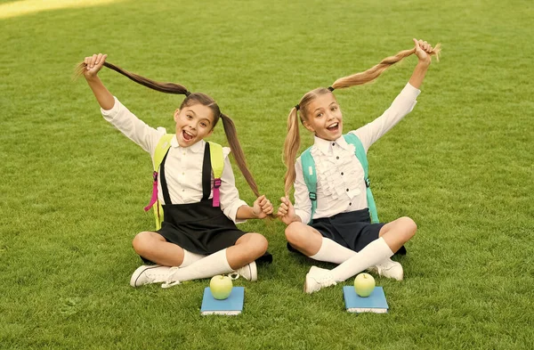 Perfecte schoolkinderen zitten op gras met boeken, speels leerlingconcept — Stockfoto