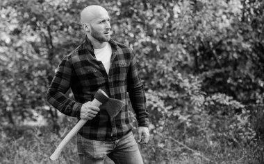 Ormanda vahşi bir erkek. Güç ve güç. Oduncu baltayı taşır. Kel oduncu. Yakacak odun topla. Yürüyüş tatili. Ormanda yürüyüş. Orman bakımı. İnsan ruhunun azmi. Erkek kareli gömlek balta kullanır