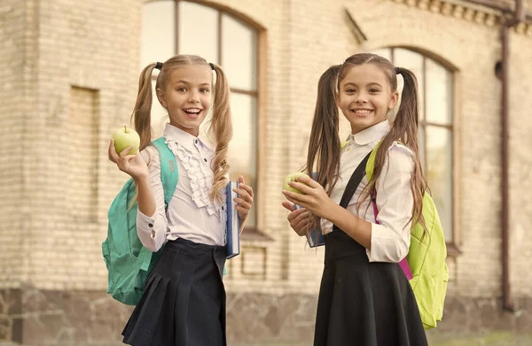 Estudantes meninas colegas de classe com mochilas tendo almoço escolar, conceito de comida de pequeno-almoço — Fotografia de Stock