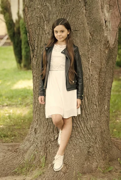 Lindo y de moda. Niño pequeño de pie en el árbol en el parque. El look de moda de la pequeña modelo. Diseñador de ropa de niño y ropa. Moda y estilo. Moda y estilo de vida infantil. Tendencia de moda — Foto de Stock