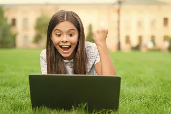 Negozio online. felice blogging. ragazza seduta su erba verde con computer portatile. Inizia. bambino giocare al gioco per computer. Torniamo a scuola. educazione online. giorno della conoscenza. lezione privata per bambini — Foto Stock