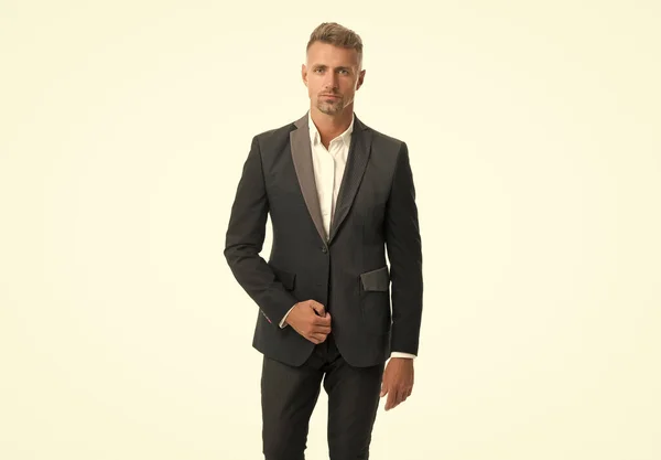 Single handsome guy with stylish haircut wear formal suit formalwear isolated on white, bachelor — Stock Photo, Image