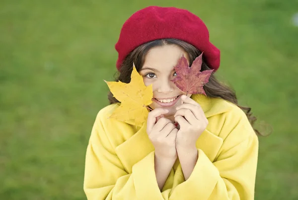 Boldog párizsi lány visel francia svájci sapka és tartsa őszi juharfalevél, gyermekkor — Stock Fotó