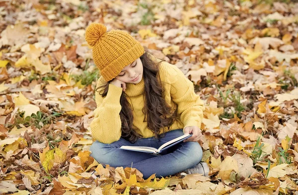 La lecture compte vraiment. Un petit enfant lit un livre assis sur des feuilles d'automne. Bibliothèque scolaire. Connaissance et information. Imagination et fantaisie. Éducation à l'alphabétisation. La lecture grandit sur vous — Photo