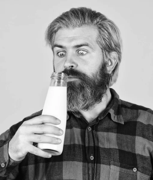 Menschen und Tierhaltung Konzept. Milch aus Glas im Kuhstall auf dem Milchbauernhof. Milchwirtschaft Bio-Milch Mann Lieferant Landwirt. Erfrischung und Energie. Mann in Küche bereitet Frühstück zu — Stockfoto