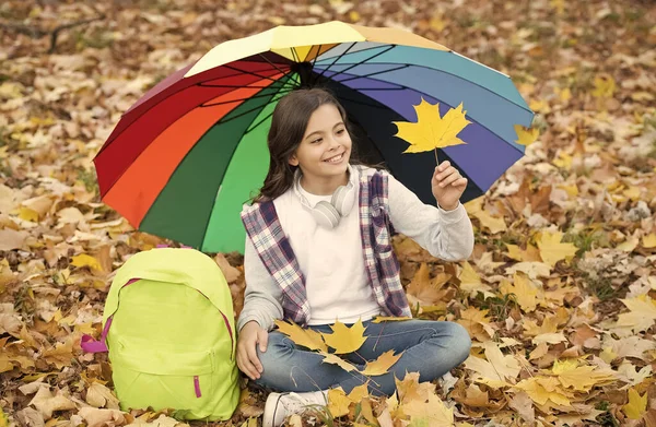 Kiszáradtam. Őszi gyerek színes esernyő alatt. Érezd az inspirációt. Boldog gyermekkort. Vissza az iskolába. egy lány hátizsákkal pihenjen a parkban. Élvezd az esést az erdőben. gyerek gyűjteni sárga lehullott juharfalevelek — Stock Fotó