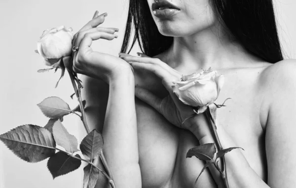 Teşekkür ederim. Bahar bitkisi. Mükemmel vücut. Rose 'un yanındaki çıplak kadın. Çiçekçi. Mükemmel vücut modelinin moda sanat fotoğrafı. Makyajlı ve saç stili olan kız. Seksi çıplak kadın gül çiçeği tutuyor. — Stok fotoğraf