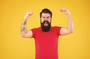 Kazanan ve kazanan. Neşeli adam. İç enerji. Başarı için motive. Sıradan giyinmiş sakallı adam kutlama yapıyor. Mutluluk ve neşe. Mutlu adam sarı arka planda başarı jesti gösteriyor. Zafer ve başarı