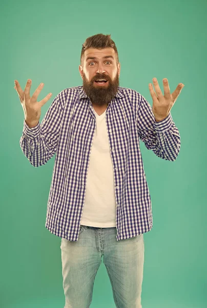 Zavaros szakállas férfi alkalmi kockás ing kék háttér, szégyen — Stock Fotó