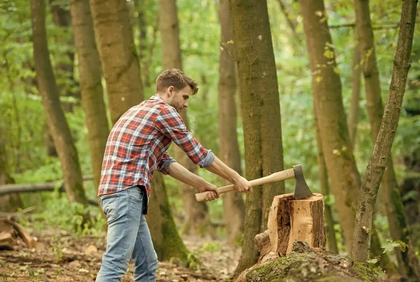 Eén trekje maar. brandhout hakken en splijten met bijl. Houtbewerker in hout. picknickweekend in het bos doorbrengen. man klaar om hout te splijten en brandhout met bijl te snijden. voor te bereiden om boom om te hakken — Stockfoto