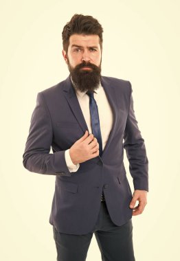 Sigorta acentesi Sakallı hippinin kendi işi var. Ofis hayatı. Modern iş başarısı. Sakallı bir iş adamı ya da resmi takım elbiseli bir sigortacı. Beyazın üzerindeki acımasız patron. ciddi sigorta acentesi