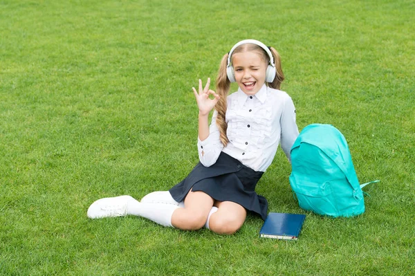 Boldog lány gyermek iskolai egyenruha show OK gyűrű gesztus ül zöld fű, elégedettség — Stock Fotó