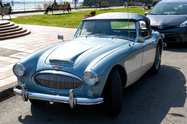 Seattle, Waszyngton USA - 06 kwietnia 2021: austin healey retro oldtimer samochód kabrioletowy widok z boku. — Zdjęcie stockowe