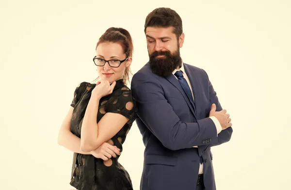 Professional life coaching course. Coaches or teachers isolated on white. Business coaches. Sexy woman and bearded man in formal wear. Relationship coaches. Learning from best career coaches
