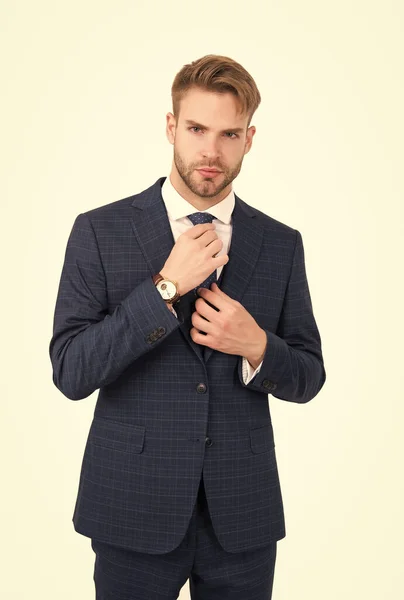 Asistente de gerente fijar corbata con elegante traje azul con chaleco en el estilo de moda formal aislado en blanco, formalwear —  Fotos de Stock