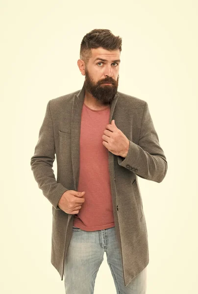 Gostas do meu estilo? Uma pessoa brutal hipster barbudo. Roupa casual. Escola de boas maneiras. Dicas e truques homem bonito. Atraente e bonito. Barbudo e bonito. Conceito de auto-aperfeiçoamento — Fotografia de Stock