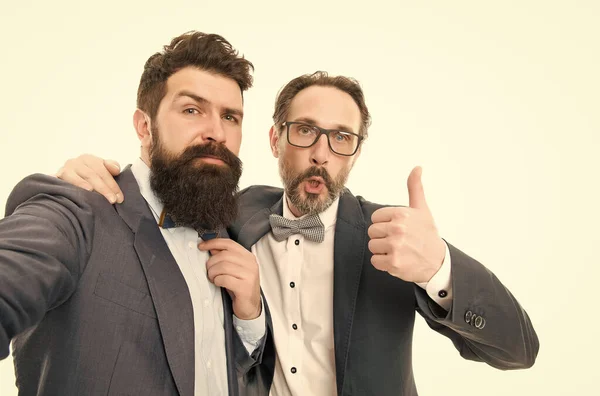 Business people concept. Business conference famous speaker. Selfie of successful friends. Entrepreneurs taking selfie together. Men bearded guys formal suits. Taking photo with business idol — Stock Photo, Image