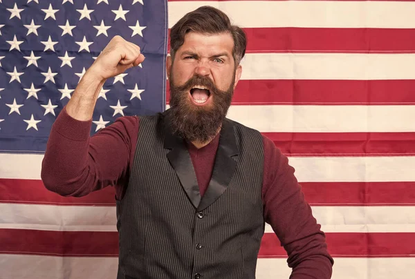 Man with beard and mustache USA flag background, patriotic speaker concept — Stock Photo, Image