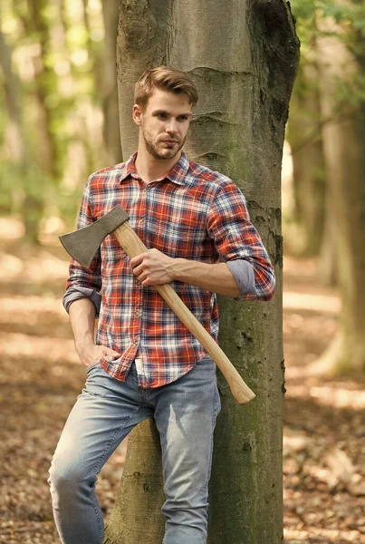 ちょっと休憩ですね。手に斧を持つルンベルジャック。放浪者、ハイキング、旅行。斧で木のカッター。野生の自然概念に生きています。森の中に斧を持った男。カッターは木を切り — ストック写真
