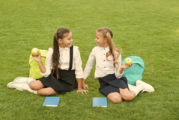 Amigos de la escuela relajarse después de clases en el patio de la escuela, concepto de descanso escolar — Foto de Stock