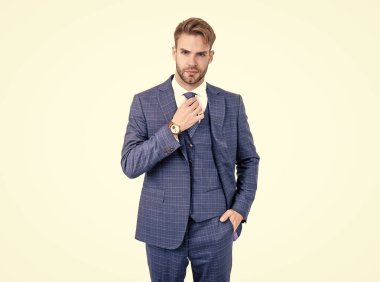 Yapabileceğin en akıllıca hareket bu olsun. Takım elbiseli şık bir iş adamı. Resmi biçim giyiliyor