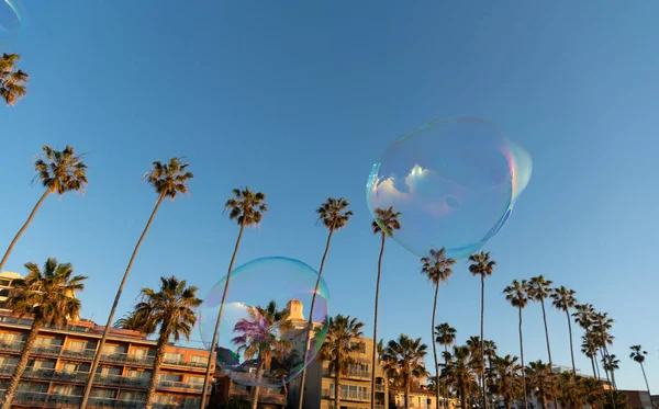 Sommerstimmung mit Seifenblasengebläse fliegen im blauen Himmel unter Palmen im Sommer in der Nähe von Häusern, Blase — Stockfoto