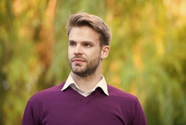 Tüylü adam süveter giyiyor. Berber dükkanı konsepti. Sıradan moda tarzı. Genç, traşsız bir adam. Erkek güzellik ve moda. Erkek güzellik standartları. Berber dükkanı servisi