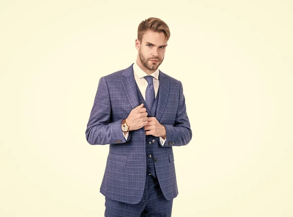 Unshaven office worker wear navy three-piece suit in formal business style, white collar — Stock Photo, Image